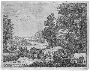 Shepherd and shepherdess conversing in a landscape by Claude Lorrain (Claude Gellee)