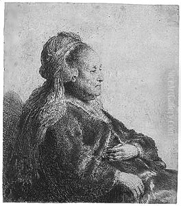 The artist's mother seated, in an oriental headdres by Harmenszoon van Rijn Rembrandt