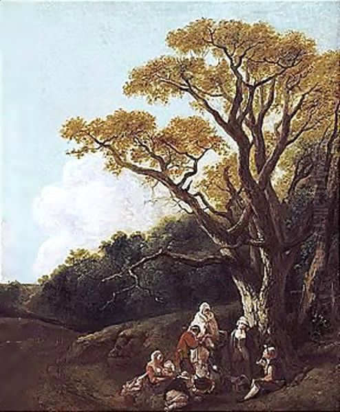 Wooded Landscape With Peasants And Donkey Round A Fire, Figures And Distant Church (The Gypsies) - view 1