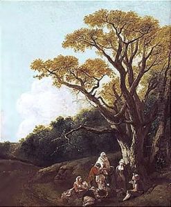 Wooded Landscape With Peasants And Donkey Round A Fire, Figures And Distant Church (The Gypsies) by Thomas Gainsborough