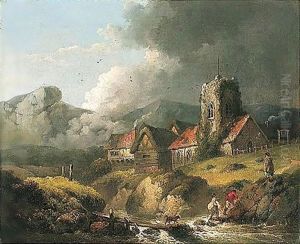 Figures Crossing A Stream With A Church Beyond