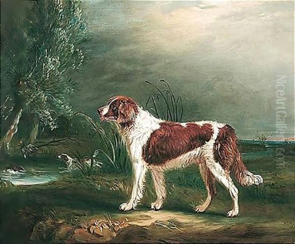 Two Spaniels By A Stream, One Putting Up Mallard - view 1