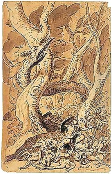 A Warrior Attacking A Dragon - view 1