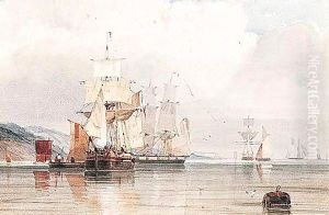 French Shipping Off The Coast In Calm Waters by Count Alexandre Thomas Francia
