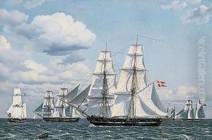 Adskillige Kobmandsskibe Som Krydser Med Alle Sejl, Fortil En Dansk Orlogsbrig (Merchant Ships Crossing In Full Sail, A Danish Vessel In Front)