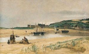 Plage De Sable Avec Bateaux Et Pecheurs (Sainte-adresse) by Jean-Baptiste-Camille Corot