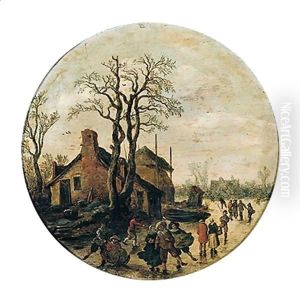 A winter landscape with figures skating and sledging on the ice outside village by Jan van Goyen