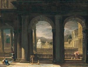 An architectural capriccio with figures near a balcony by Thomas Blanchet