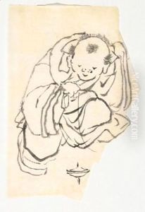 Deux Dessins 1 enfant Jouant Avec Une Toupie 2 guerrier En Armure by Katsushika Hokusai