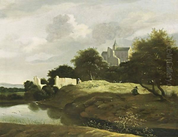 A Wooded Landscape With A Small River In The Foreground And Ruins Nearby, A View Of A Castle Beyond - view 1