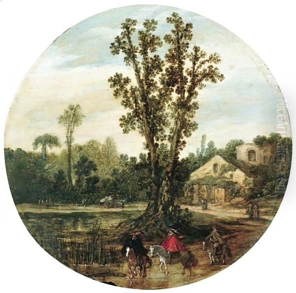A Wooded Landscape With Horsemen Beside A River, A Ruined Farm Beyond - view 1
