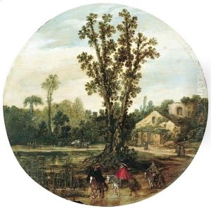 A Wooded Landscape With Horsemen Beside A River, A Ruined Farm Beyond by Esaias Van De Velde