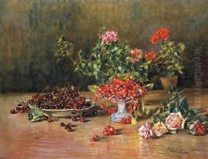 Natura Morta Con Ciliege E Fiori