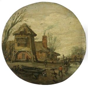 A Winter Landscape With Figures Skating And Playing Kolf On A Frozen River, Before A Large Dovecote And A Cottage by Esaias Van De Velde