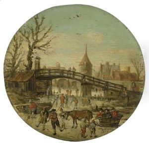 A Winter Landscape With Figures Skating On A Frozen River Before A Bridge, A Town Beyond by Jan van Goyen