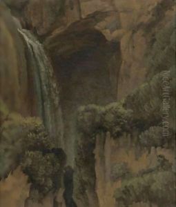 A Waterfall And A Grotto At Tivoli by Simon-Joseph-Alexandre-Clement Denis
