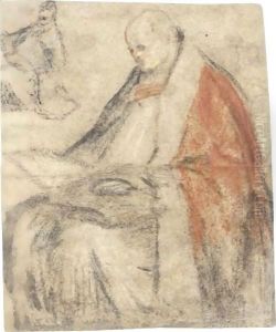 A Seated Bishop Reading From A Book On His Lap, And A Small Study Of The Same Figure, Wearing A Cap by Jacopo Bassano (Jacopo da Ponte)