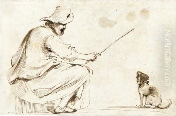 A Seated Man Wearing A Hat And Holding A Cane To Train A Dog - view 1