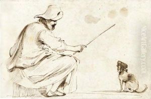 A Seated Man Wearing A Hat And Holding A Cane To Train A Dog