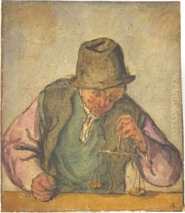 A Man At A Counter, Holding A Pair Of Scales