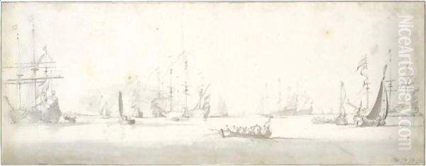 Dutch Ships At Anchor Off The Coast, With Other Small Boats Around - view 1
