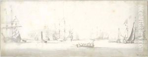 Dutch Ships At Anchor Off The Coast, With Other Small Boats Around by Willem van de, the Elder Velde