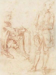 Two Figures A Draughtsman Seated Holding A Portfolio, Another Standing With His Hand In His Pocket by Jean-Antoine Watteau