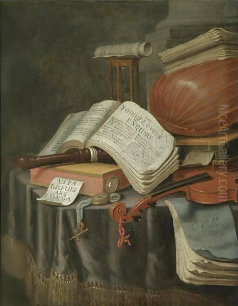 A Vanitas Still Life With Books And Manuscripts, A Recorder, A Lute, A Violin, An Hourglass And A Compass, All On A Draped Table - view 1