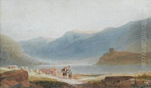 A Man With A Harp And His Son Near Dolbadern Castle, Llanberis - view 1