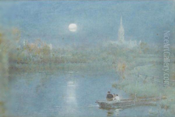 Figures Boating Before Salisbury Cathedral In The Moonlight - view 1