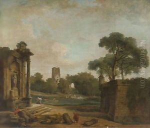 Figures In A Landscape With Roman Ruins And A Gothic Tower by Hubert Robert