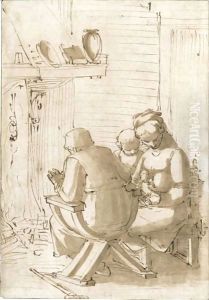 The Holy Family Seated Before A Hearth 2 by Luca Cambiaso