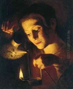 Girl pouring oil into a lamp by Trophime Bigot