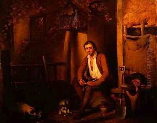 Cottage exterior with seated labourer by William Redmore Bigg
