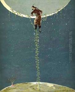 Baron Munchausen climbs up to the moon by way of a Turkey bean plant by Alphonse Adolphe Bichard