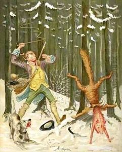 Baron Munchausen flogs a fox out of his skin by Alphonse Adolphe Bichard