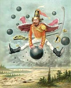 Baron Munchausen riding a cannonball during the fight with Tippoo