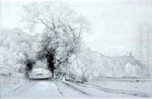 Road bordering meadows and a castle by William Roxby Beverly
