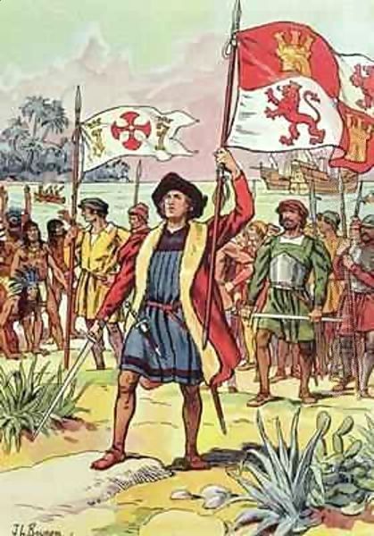 Christopher Columbus (1451-1506) plants the Spanish flag into the soil - view 1