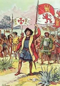 Christopher Columbus (1451-1506) plants the Spanish flag into the soil