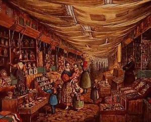 Scene in Frankfurt Fair. Part of the line of stalls extending along the River Mayn by Mary Ellen Best