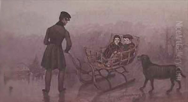 Anthony, Frank and Caroline sledging on the ice - view 1