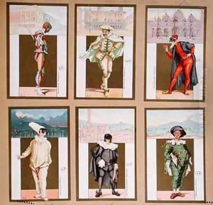 Set of six vignettes depicting characters from the Commedia dell'Arte by Bertelli
