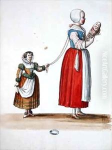 Two Young Girls, theatrical costume design for the celebrations and parties of Louis XIV by Jean I Berain