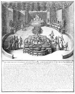 A Light Meal given for the Grand Dauphin by the Prince of Conde in the middle of the labyrinth at Chantilly by Jean I Berain