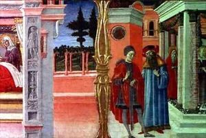 The Nativity, detail from the predella with scenes from the life of the Virgin by Benvenuto Di Giovanni Guasta