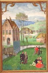 April courting couples, from a Book of Hours by Simon Bening