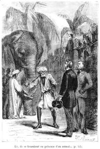 Phileas Fogg in front of an elephant by Hippolyte Leon Benett