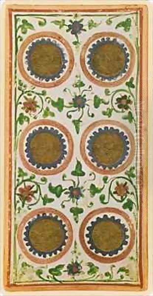 The Six of Coins, facsimile of a tarot card from the 'Visconti' deck - view 1