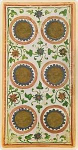 The Six of Coins, facsimile of a tarot card from the 'Visconti' deck
